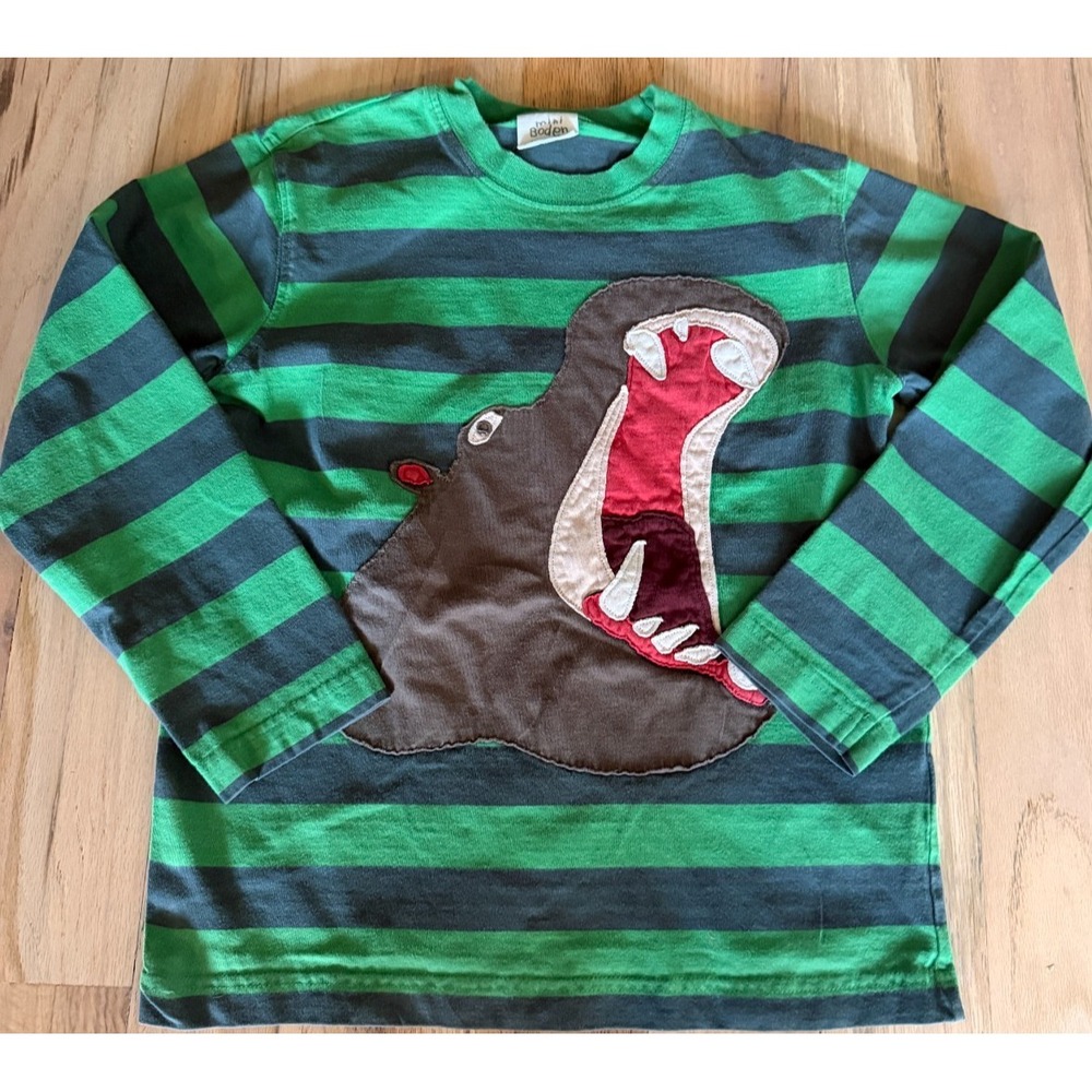 Mini Boden Boys Striped Hippo Graphic Long Sleeve T-Shirt Size 7-8Y 100% Cotton